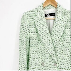 Zara Green and White Tweed Blazer